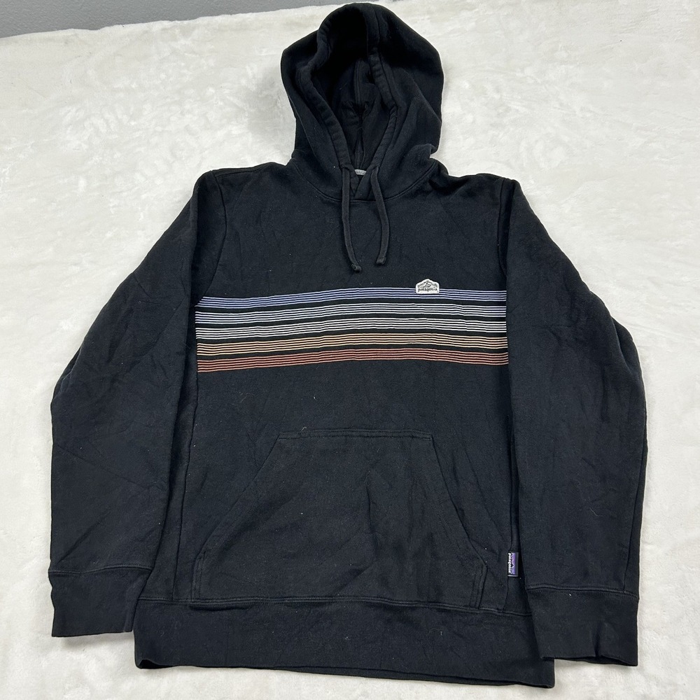 Patagonia Uprisal Hoodie Mens S Black Recycled Fleece Stripe Graphic 39620